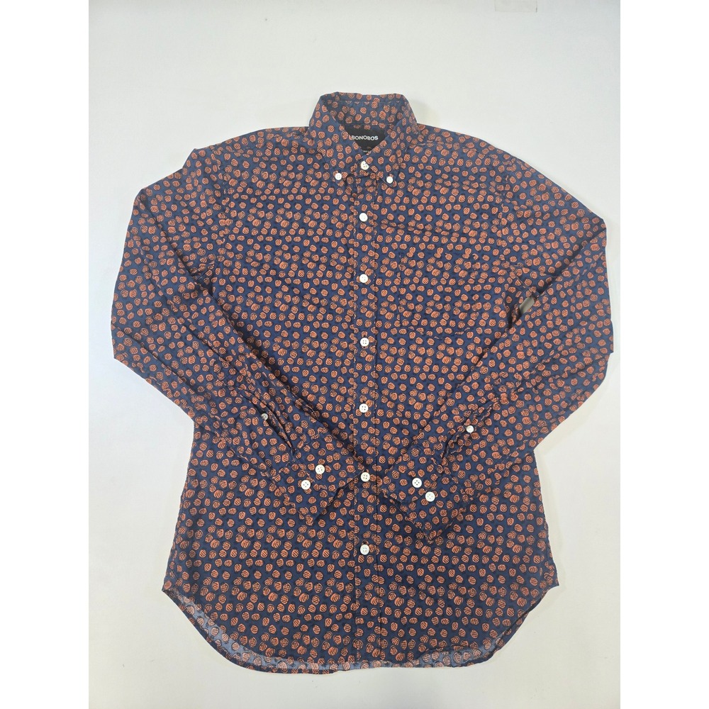 Bonobos Mens Tailored Fit Navy Blue Orange Pineapple Print Cotton Shirt Small